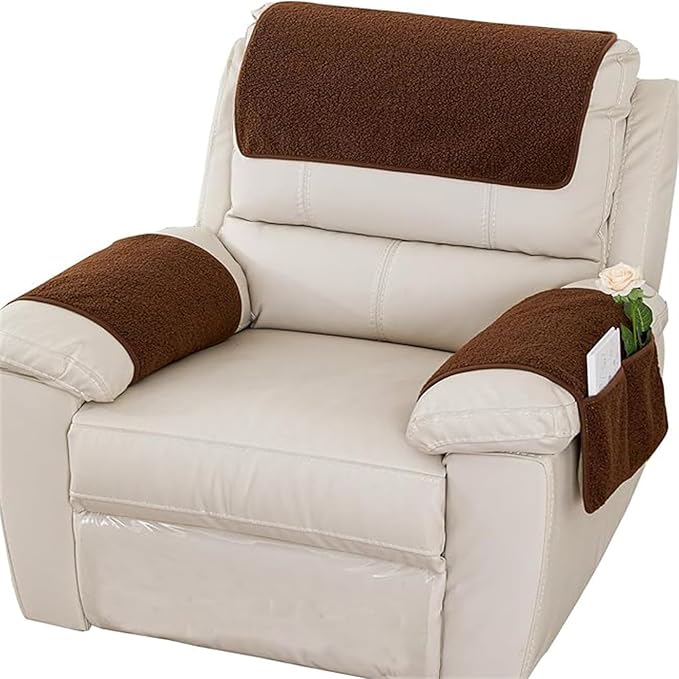 Sherpa Fleece Armrest and Headrest Covers with 2 Pockets | Soft fleece with nonslip silicone backing helps protect leather and fabric furniture from pet scratches machine washable