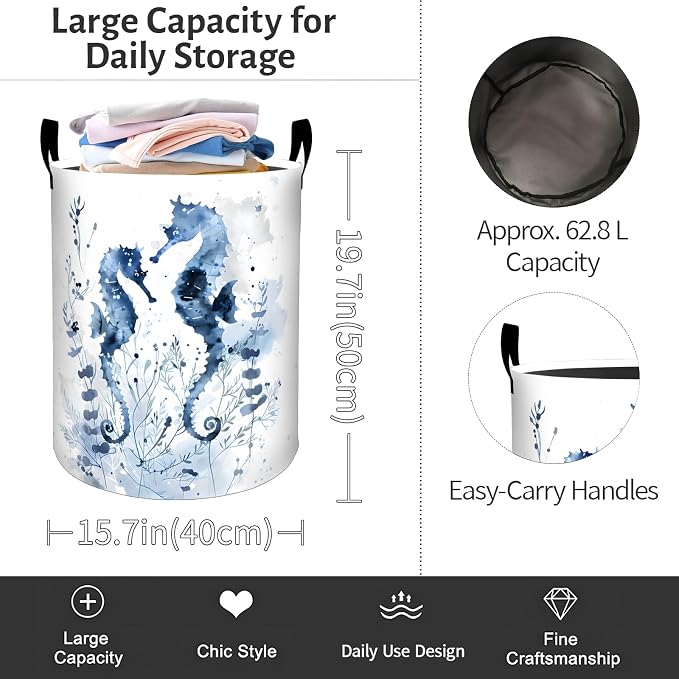 Seahorse Laundry Basket, Elegant Blue Watercolor Foldable Oxford Cloth, Waterproof Dirty Clothes Hamper with Handles, Clothing Storage Bin Toy Organizer for Bedroom Dorm Bathroom, 19.7"x15.7"