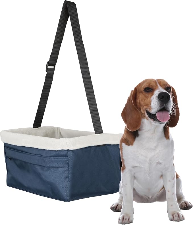 PetSafe Happy Ride Dog Booster Seat, Navy Blue, Up to 12 lb | Raises Small Dogs to Window Height In Most Cars, Connects to Seatbelt with Safety Tether, Fleece Liner Is Machine Washable