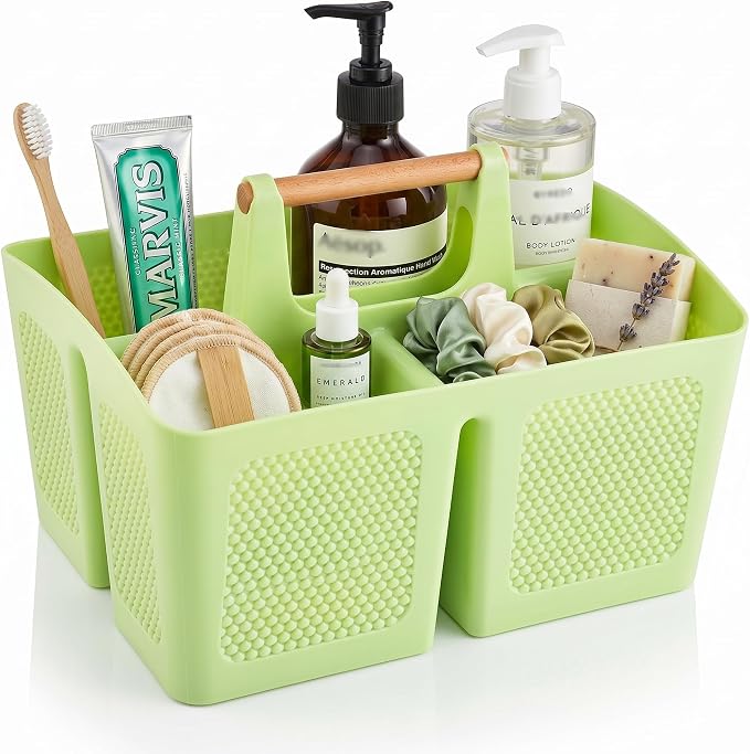 Haundry Plastic Green Shower Caddy Basket with 3 Compartments, Portable Divided Bathroom Cleaning Caddy Organizer Storage Tote with Handle for Dorm, College, Room Essentials