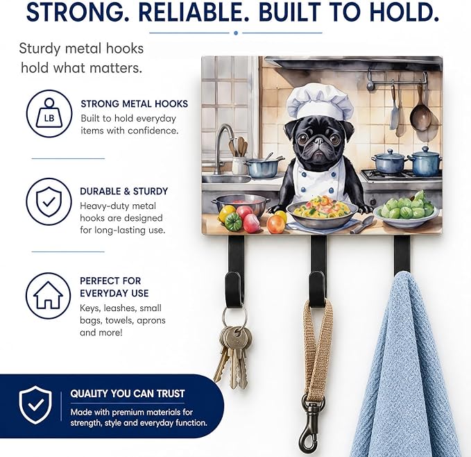 Caroline's Treasures Pug The Chef Leash or Key Holder Wall Hooks, Key Hooks Holder, Coat Rack Wall Mount, Coat Hooks, Hooks for Hanging Keys, Towels, Aprons, Leashes | Pug The Chef artwork on ceramic tile with three steel hooks for keys, leashes, towels