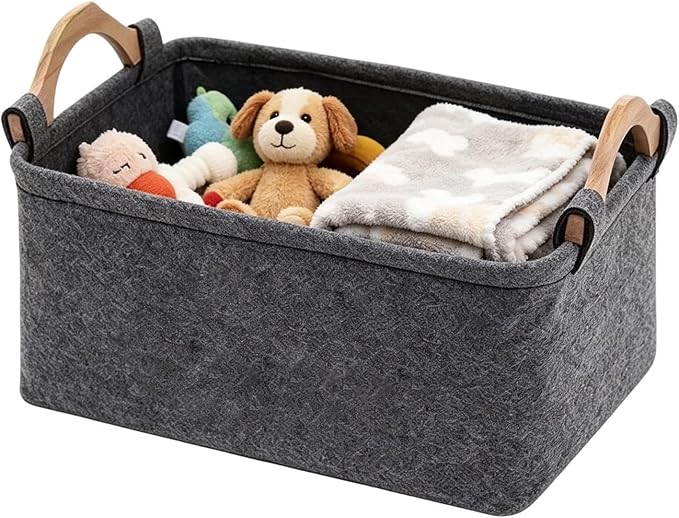 Toy Basket for Dogs Felt Cute Foldable Organizer with Wooden Handle | Pet Toy Basket for Kids Blankets Collars Leashes Indoor Outdoor Home Garage Dorm Traveling Laundry Room