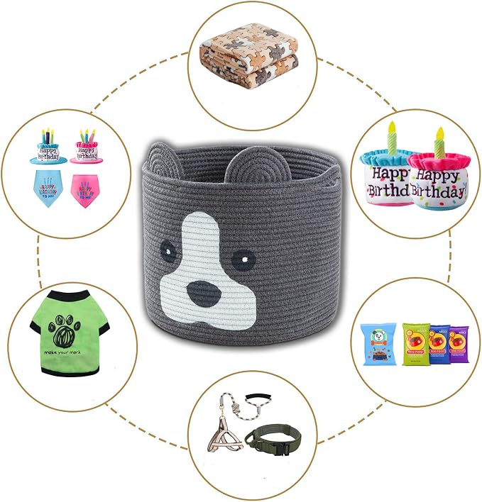 Medium Dog Woven Baskets with Handle, Dog Toy Hamper, Cotton Rope Dog Toy Storage Baskets for Pet, Animal Basket for Kids, Baby Gift Baskets for Dog Lovers, Dark Grey