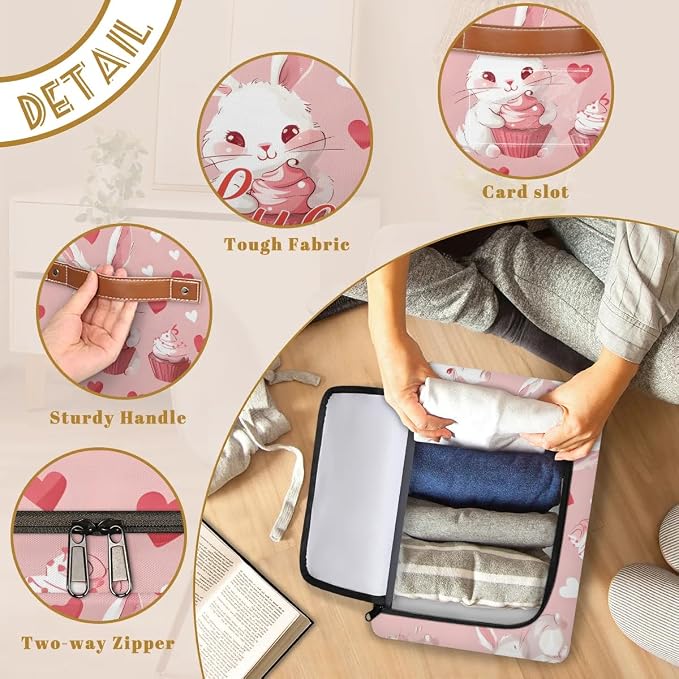 Custom Cute Rabbits Storage-Bin With Zipper Lid for Kids-Girls-Boys-Baby-Pet,Personalized Name Foldable Storage Box with Handle,Baby Basket With Label for Bedroom Nursery Toy Clothes,Pink