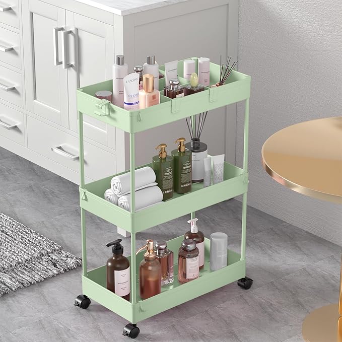 3 Tier Rolling Cart with Wheels, Storage Craft Art Trolley Organizer Serving, 3 Hanging Baskets Easy Assembly, for Office, Living Room, Kitchen, Green