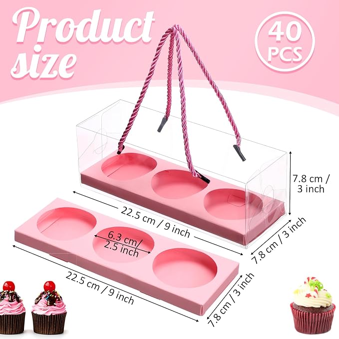Thenshop 40 Pcs Clear Cupcake Boxes 9x3x3 in 3 Compartment Holder,Pink | Transparent Holders with Handles, Individual Pastry Display for Wedding Graduation Party Favors Cookies Treats Gifts