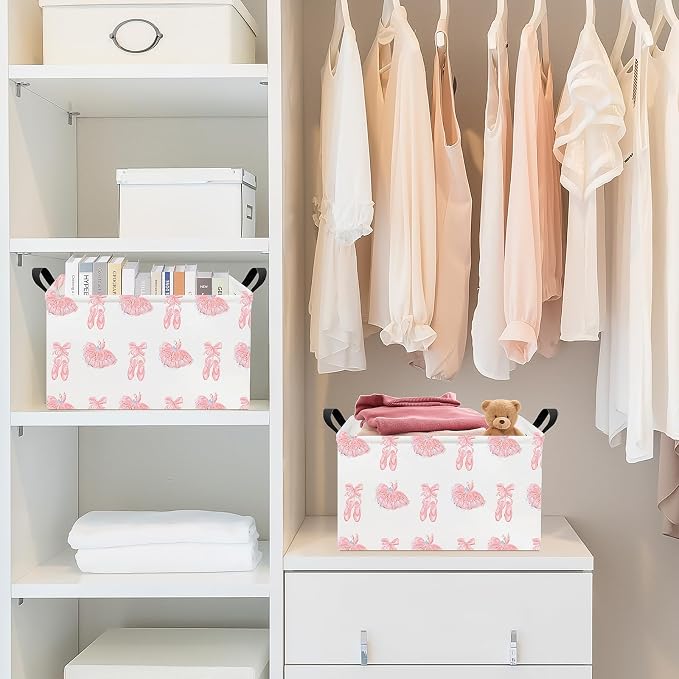 Rectangular Pink Ballerina Storage Bin,Closet Organizer Basket | Waterproof,reinforced handles,foldable bin holds apparel,dance gear, sundries & belongings for teen-girl bedrooms