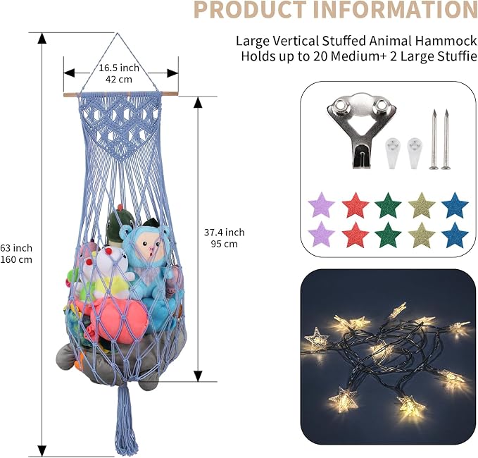 63 Inch Stuffed Animal Storage Hammock Corner, Stuffy Plushie Net,Blue | Wall Ceiling Over Door Hanging Toy Hammock for Stuffed Animals,Plushies Organizer w/ Star Lights,Nursery Kid Room Decor Gift