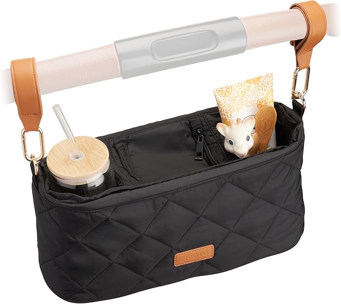 Beautiful Stroller Caddy Organizer With 2 Cup Holders - Zipper Pocket Bag | Luxury Stroller Bag with Universal Fit and Leather Straps - Spacious Accessories Perfectly Fits Doona, Nuna and Uppababy