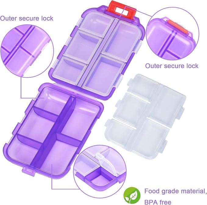Large Medicine Pill Organizer with 189 Labels, 10 Compartments Purse Pill Case Travel Medicine Organizer Essentials Travel Daily Pill Container (Purple, 1 Pack)