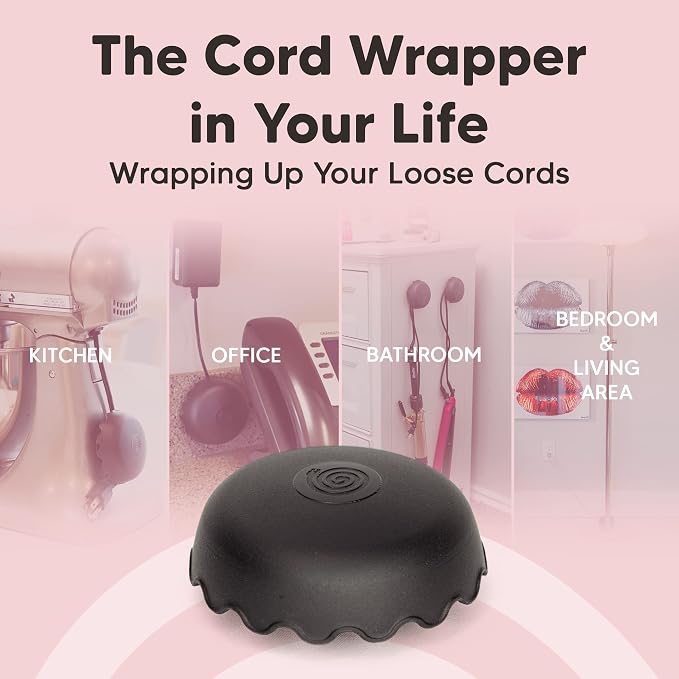 4-Pack Patented Heat-Resistant Cord Organizer for Appliances, Kitchen, Computers & More | Stick-On Cord Wrappers with Flexible Base, Secure Scalloped Edge, Black/Grey (3 x 1.5 Inches)