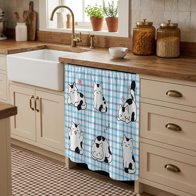 Cute Cat Cabinet Curtain 35"Wx35"L, Dustproof Under Sink Skirt with Self Adhesive Tape, Modern Playful Pet Cats Blue Purple Plaid Cabinet Curtain Cover for Kitchen Sink, Bathroom Vanity, Laundry Room