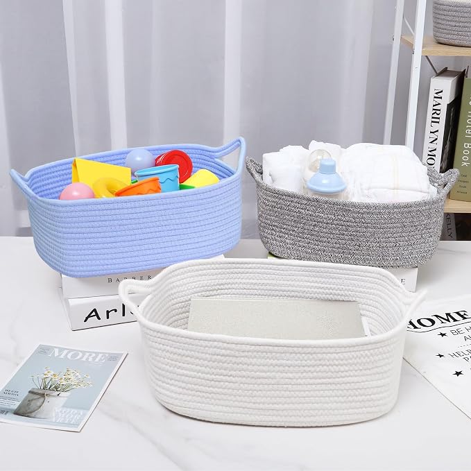 ABenkle Small Storage Basket with Handles, Cotton Rope Woven Dog Cat Toy Bin, Decorative Shelves Closet Organizing for Nursery Laundry Bedroom, 14.2''x 11''x 5.1''