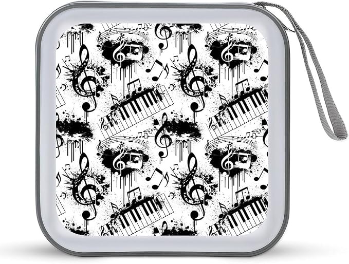 40-Capacity DVD CD Storage Wallet Abstract Music Note Piano, Heavy-Duty Hard Shell Binder, Portable Organizer with Strap for Car Travel