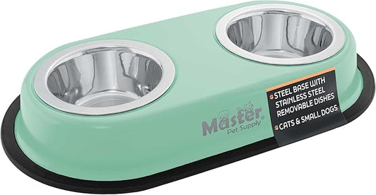 Master Pet Supply Double Dog Bowls Set with Elevated Base and 2 (8 oz) Stainless Steel Removable Dishes (Pistachio) – Double Cat Food Water Bowl, Dog Puppy Food Bowl Set, Rust Resistant