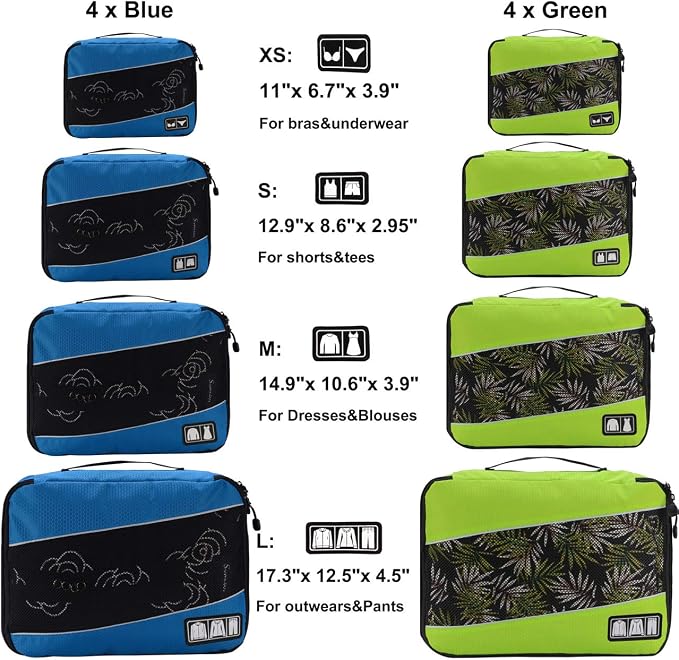 Packing Cubes large Luggage Organizers Bags For Travel Organizing Clothes | Mixed Color 8 Set Suitable family or two-person trips; breathable mesh make easy to sort; durable and convenient to store