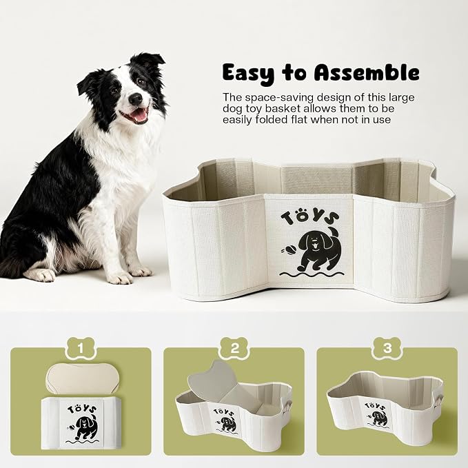 39L Dog Toy Basket, Collapsible Dog Bone Baskets for Toys, Dogs Storage Organizer with PU Handles, Pet Toys Basket with Bone Shape Design, Toy Baskets for Dogs, Gray, 22" x 14.4" x 7.5", Beige
