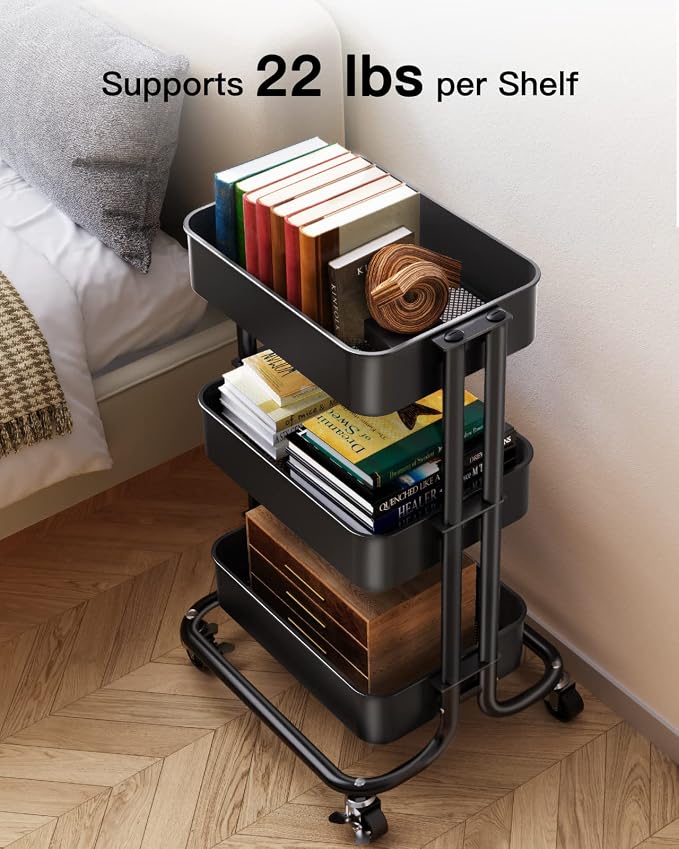 Pipishell 3 Tier Metal Rolling Utility Cart with 2 Lockable Wheels, Black | 360° Rotating Wheel, Heavy-Duty Steel, Sturdy Dual Columns, Ventilated Mesh, Hold 22 lbs per Shelf, for Kitchen & Dining Room