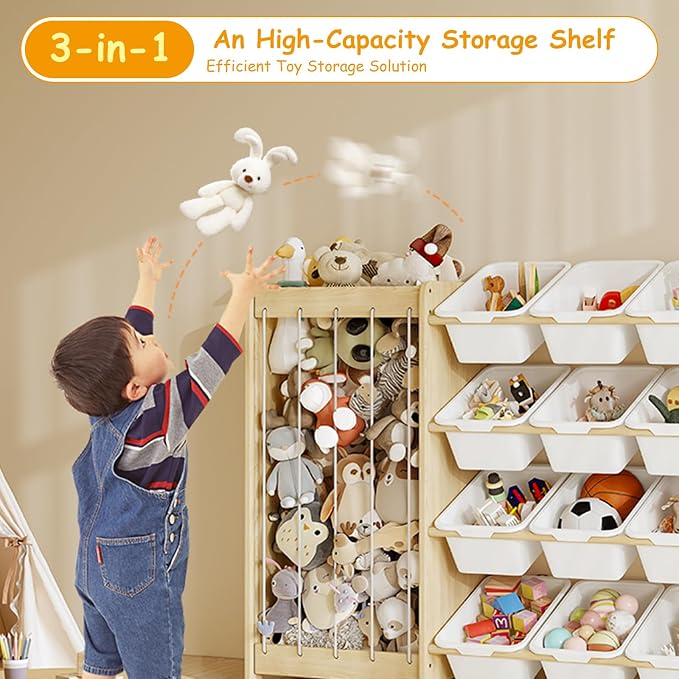 EXPERLAM Large Toy Storage Organizer, Wooden Stuffed Animal Storage & 12-Bins Toy Organizer, Double-Sided Plush Toy Holder Featuring Thicker Ropes, Space Save Playroom Nursery Bedroom Storage, White
