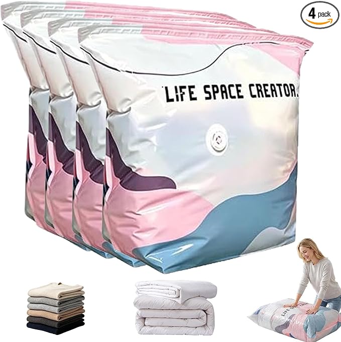 4 Pack Cube Compression Space Saver Bags, No-Pump 3D Vacuum Storage Bags | Large Size Storage Solution, Protect Clothes from Moisture & Dust, Ideal for Bedding, Seasonal Gear & Travel