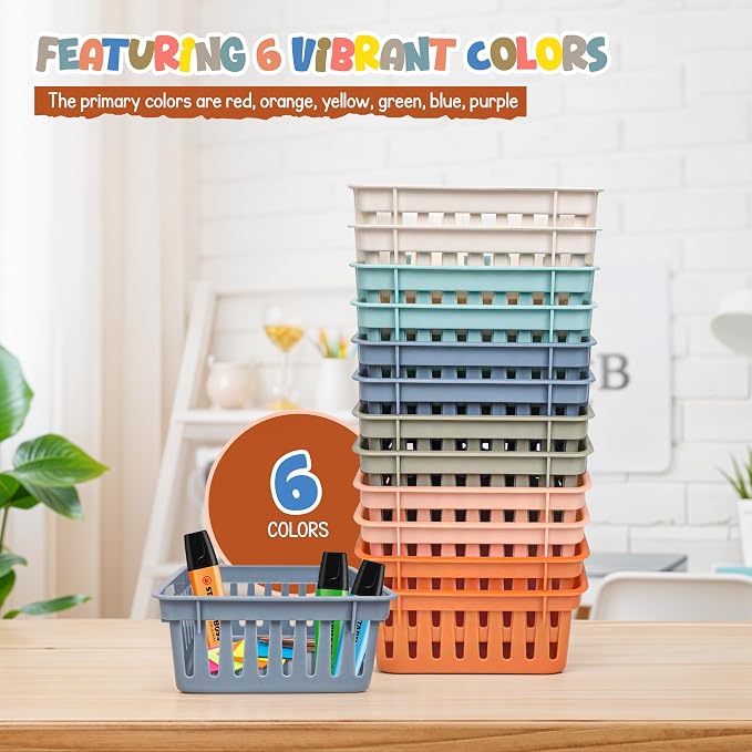 4E's Novelty 12 Boho Small Classroom Storage Baskets, Square 4.5" Plastic Colorful Crayon Container Trays, Organizer Bins for Shelf Desk Classroom Organization for Teachers, Office Home