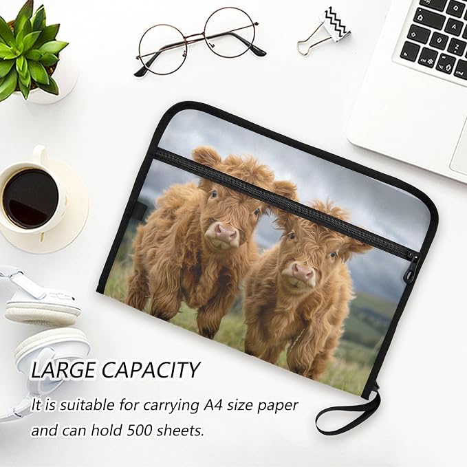 13 Pocket Zipper Expanding File Folder A4 Cattle Highland Cow | Accordion File Organizer with Front Pouch A4 Letter Size Portable Folders for Documents Receipt School Office Supplies