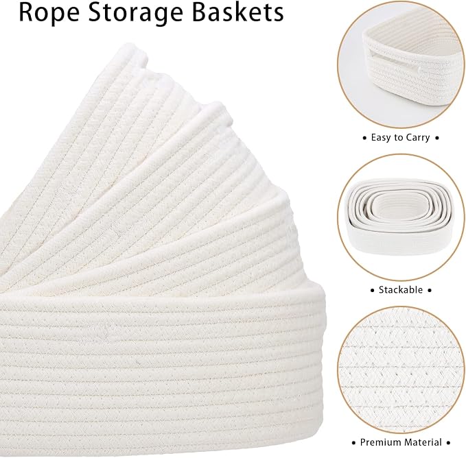 7 Piece Cotton Rope Woven Basket Set - Small Basket for Baby Nursery, Pets, Montessori, Dog & Cat Toy Boxes, Bathroom Organization Bins (White)