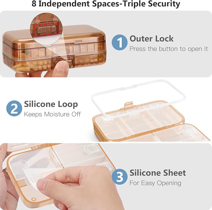 FYY Travel Pill Organizer, Large Weekly Medicine Pill Organizer-Brown | Airtight Moistureproof Medicine Case, Easy to Use, 8 Compartment Pill Box for Vitamins, Fish Oil, Supplements, Mini First Aid
