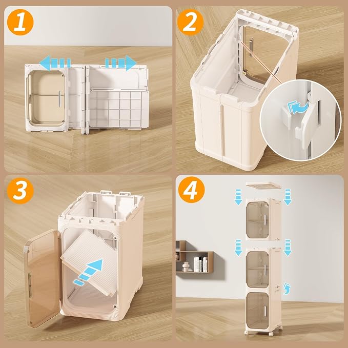 4 Tier Slim Bathroom Storage Cabinet, Foldable and Movable, Beige | Tools Free, ABS and PET, Magnetic Clear Door, Adjustable Shelves, Lockable Wheels, Water Resistant, For Narrow Space