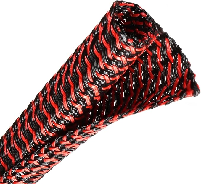 Wire Loom Tubing, 10ft Split Braided Cable Management Sleeve, Flexible Mesh Cord Protector Cable Sleeve for TV Computer (Red and Black, 1")
