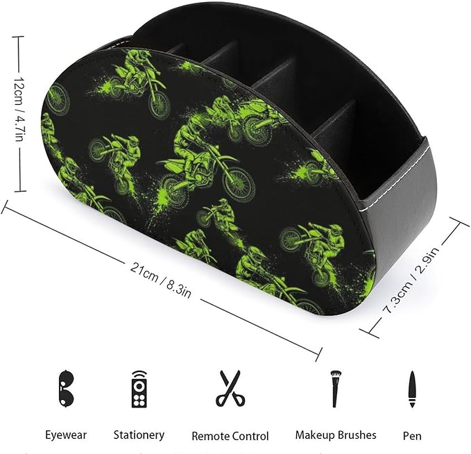 Remote Control Holder Motocross Rider Black 5 Compartment Table Organizer | PU Leather Desktop Caddy Box, Motocross Rider Extreme Sports Green Black, for Media Player, Stationery, Office Accessories