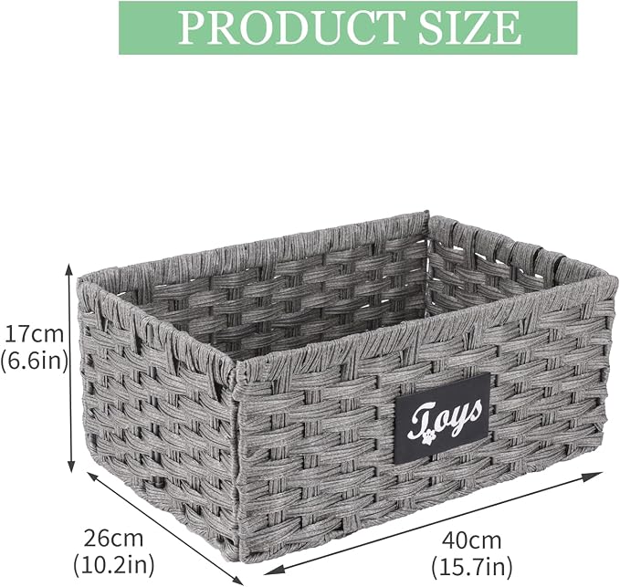 Dog Toy Basket Metal Frame Woven Rattan Foldable Bin, Dog Toy Storage Organizer for Living Room,Entryway,Toy Storage Organizer with Collapsible Rectangular Design,Pet Toy Basket for Dogs,Cats-Grey