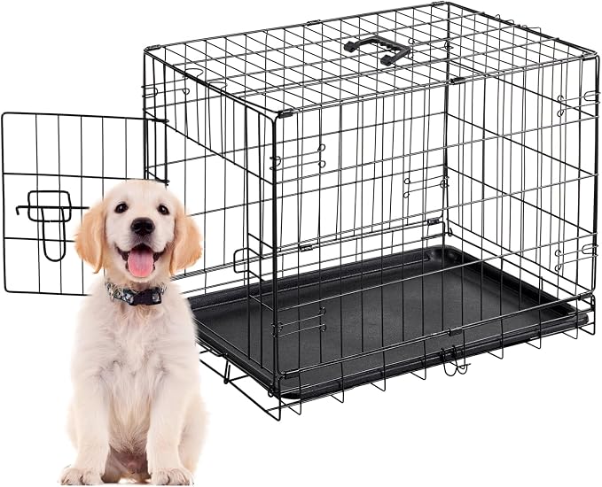 Small Dog Crate 30 Inch Foldable Single Door Dog Cage Pet Kennel | Metal Wire, Secure Lock, Plastic Plastic Leak-Proof Pan Tray, Indoor Outdoor Training Pet