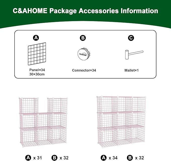 C&AHOME Wire Cube Storage, 9 - Cube Organizer Metal C Grids, Shelves, Pink | Modular Shelves Units, Closet Organizer, Storage Bins Shelving, Ideal for Home, Office, Living Room