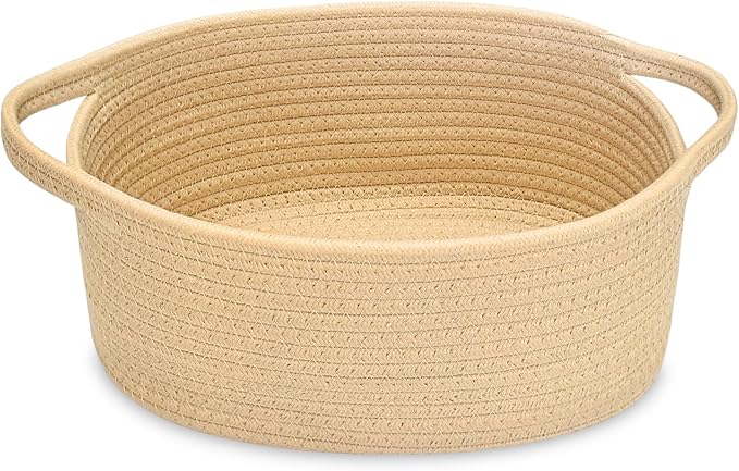 ABenkle Small Basket with Handles, Boho Decorative Rope Woven Dog Cat Toy Storage Bin Shelf Storage Organizer, Easter Christmas Gift Basket, 12"x8"x5"