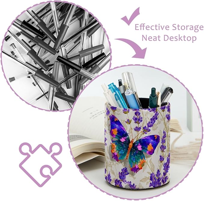Butterfly and Lavender Pen Holder, Pencil Cup Marker Brush Holder Desk Storage Case, Desktop Organizer for School Office Home Supplies