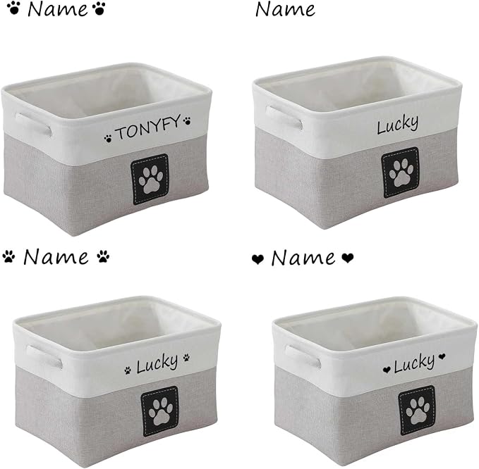 Custom Name Pet Dog Toys Basket/Bin, Paw Custom Personalized Logo Cat Clothes Box Accessories Organize Storage Bin, 4 Patterns Round Paw, Classic Paw, Heart or Name Only (Light Gray)