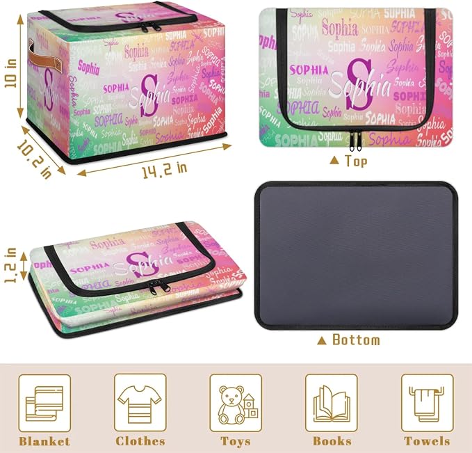 Personalized Storage Bins with Zipper Lid, Customized Name Storage Basket Rectangle Clothes Organizer for Kids and Pets Toys Shelf Closet, Gradient Green with Pink Color