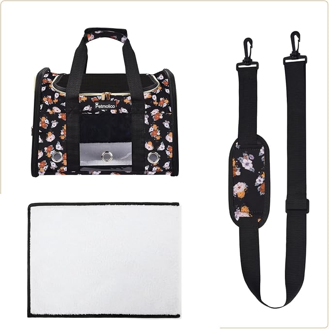 Petmolico Cat Carrier Soft-Sided Airline Approved, Large, Orange Flower | For small/medium cats & puppies up to 16 lbs, 3 open doors, travel-friendly pet bag