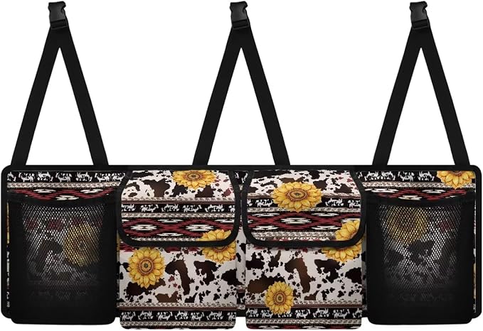 Boho Back Seat Organizer - Sunflower Cow Print Car Accessories for Women Reinforced Trunk Storage System with 4 Pockets