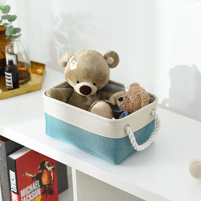 Fabric Storage Bin with Handles,Storage Basket for Home Storage and Organization, Shelf Basket with Cover for Living Room Bedroom Decor Closet（White & Green,Small ,11.8L×7.9W×5.2H