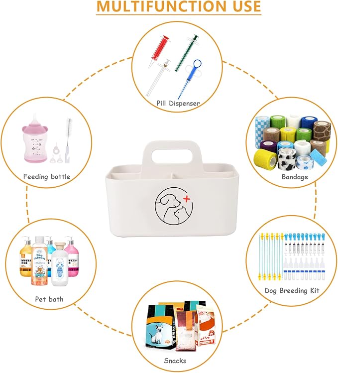 Dog Storage Organizer for Nursing Supplies,Portable Caddy for Pet Stuff,Divided Storage Bin for Dog Cat Feeding Bottle/Pet Pill Shooter/Whelping Kit-Bathroom,Countertop Storage-White