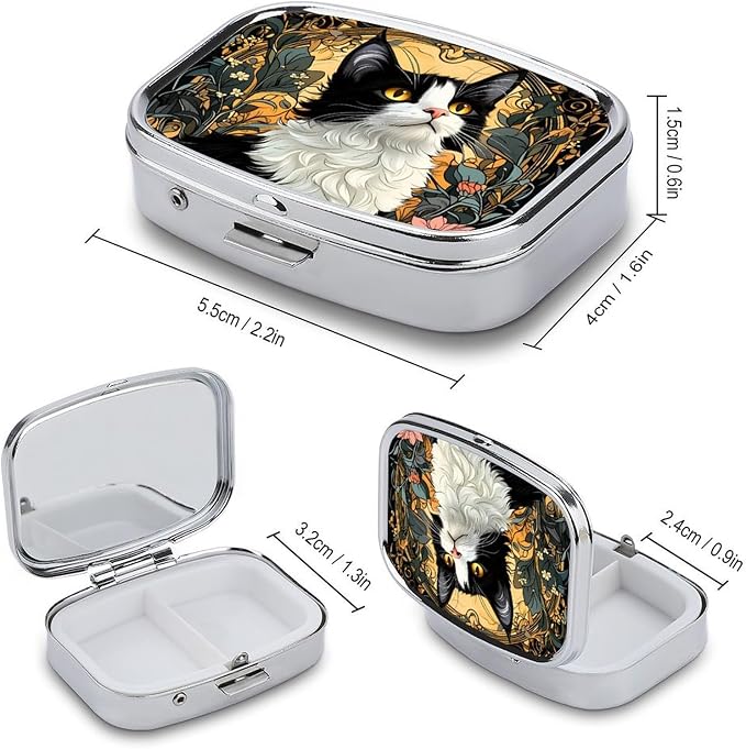 Cat Durable Metal Pill Case for Daily Use, 2 Slot Medicine Box Organizer,Leak Proof Travel Pill Container for Vitamins, Compact Pocket Medicine Holder for Seniors,Holiday Gift
