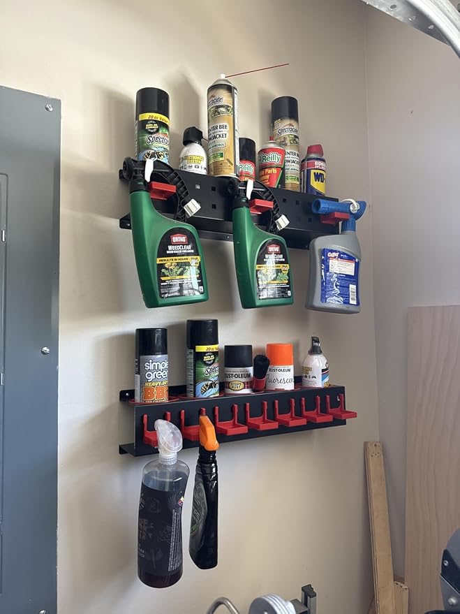 Wall-Mounted Spray Bottle Rack 2 Pack, Steel Garage with Hooks & Brushes | Rust-proof baked enamel finish, large capacity storage. Quick install, space-efficient for auto detailing & workshop use
