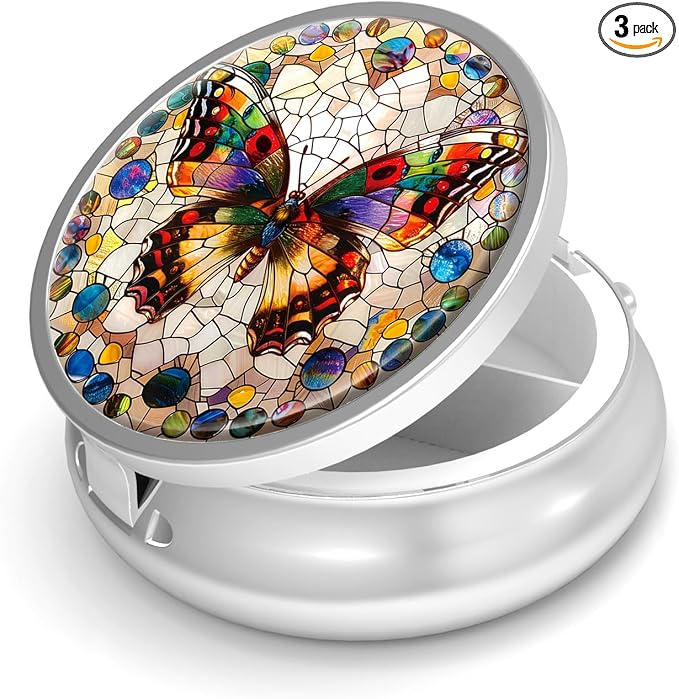 Pill Box-3 Compartment Small Pill Case for Purse & Pocket Mini Metal Pill Holder Travel Pill Container to Hold Supplements Vitamins BPA-Free (Gemstone Butterfly)