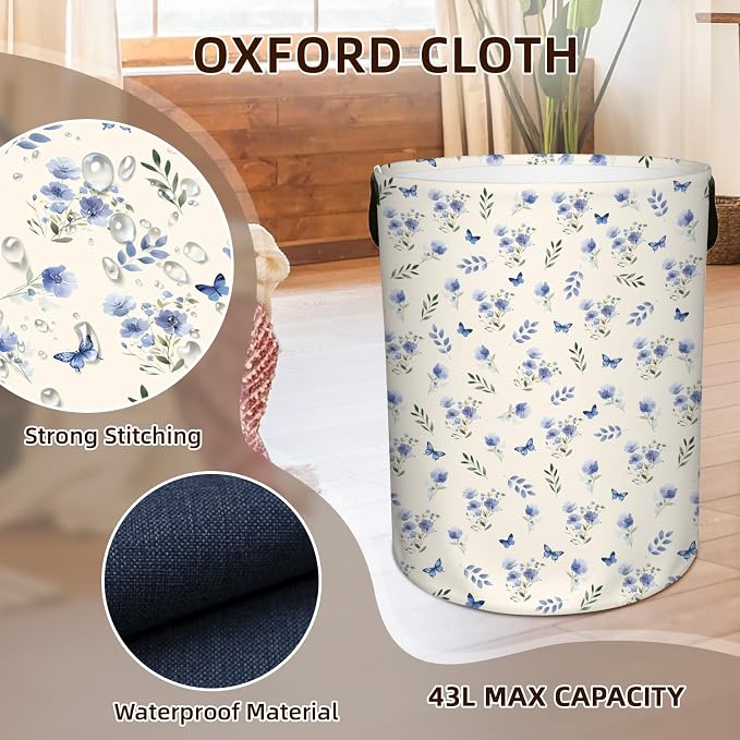 Flower Laundry Hamper, Waterproof Collapsible Laundry Basket for Bedroom, 43L Round Nursery Hamper Storage Bin with Handles for Toys, Storage Basket for Women Girls, Room Decor, 13.8x17.7 in
