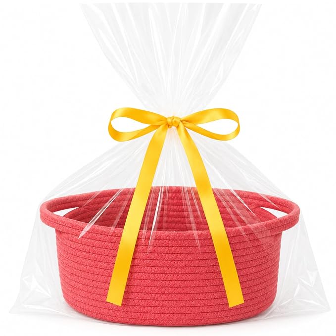 ABenkle Small Basket Empty Gift Basket, Decorative Boho Rope Woven Nursery Storage Organizer Dog Toy Baskets for Baby Showers Christmas Easter with Gift Bags and Ribbons, 12"X 8" X 5"