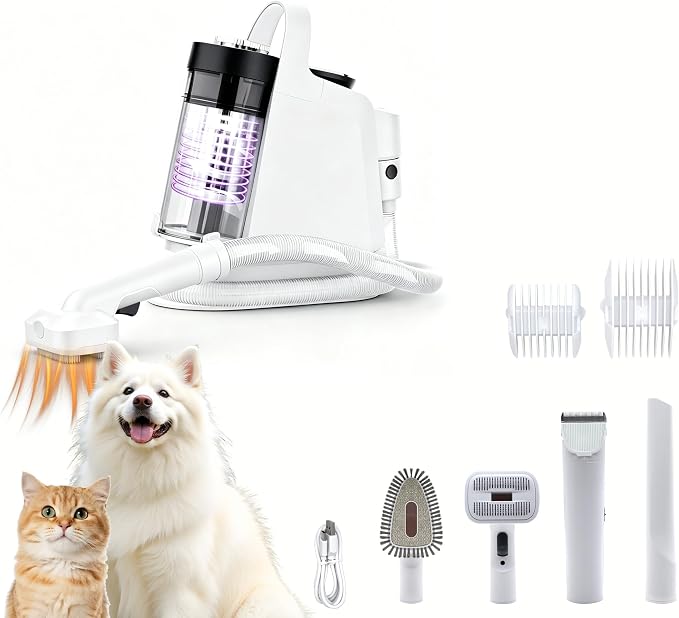 ZYK Dog Grooming Vacuum, All-in-One Professional Pet Grooming Kit (White) | Hair Clipper & Shedding Brush, Low Noise 13,000Pa Dog & Cat Hair Remover Vacuum,Cleaning Brushes, 1.8L Capacity Dust Cup