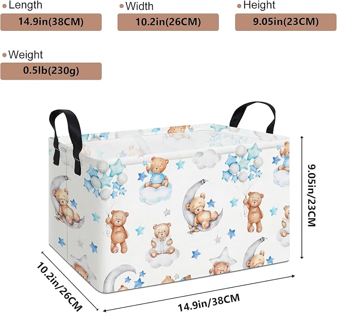 Rectangular Bear Storage Bin, Fabric Closet Organizer Basket | Einforced side grips, foldable holder arranges clothing and bedroom personal belongings