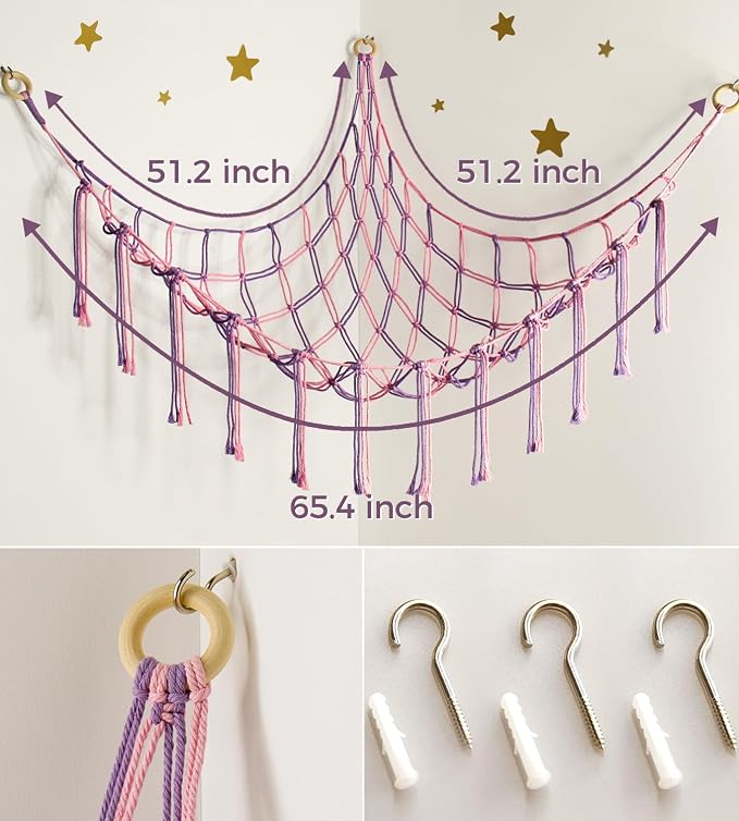 mirolam Large Stuffed Animal Hammock Corner Net for Toys Storage Hanging Stuff Animal Organizer Holder Pink Purle Girls Room Bedroom Boho Nursery Decor